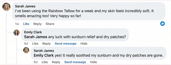 Facebook comment from Sarah James about soft skin, with a reply thread