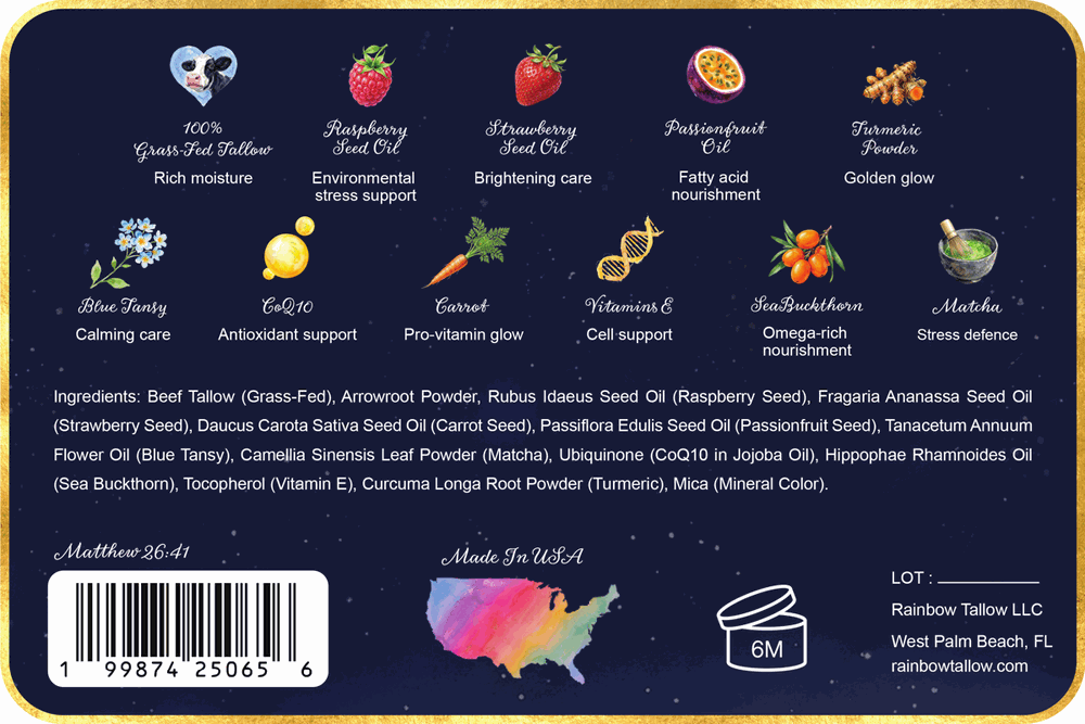 Rainbow Tallow back label with every ingredient