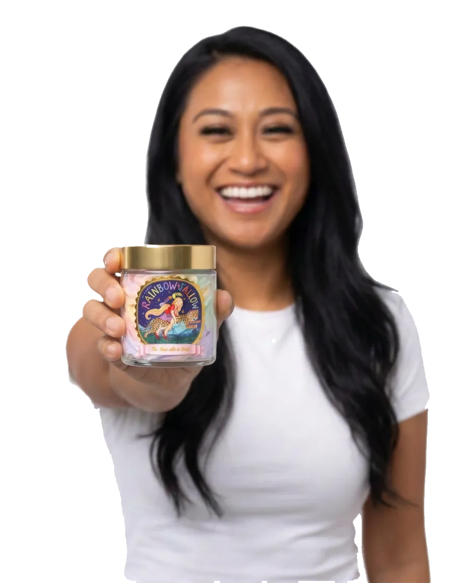 Marie holding a jar of Rainbow Tallow