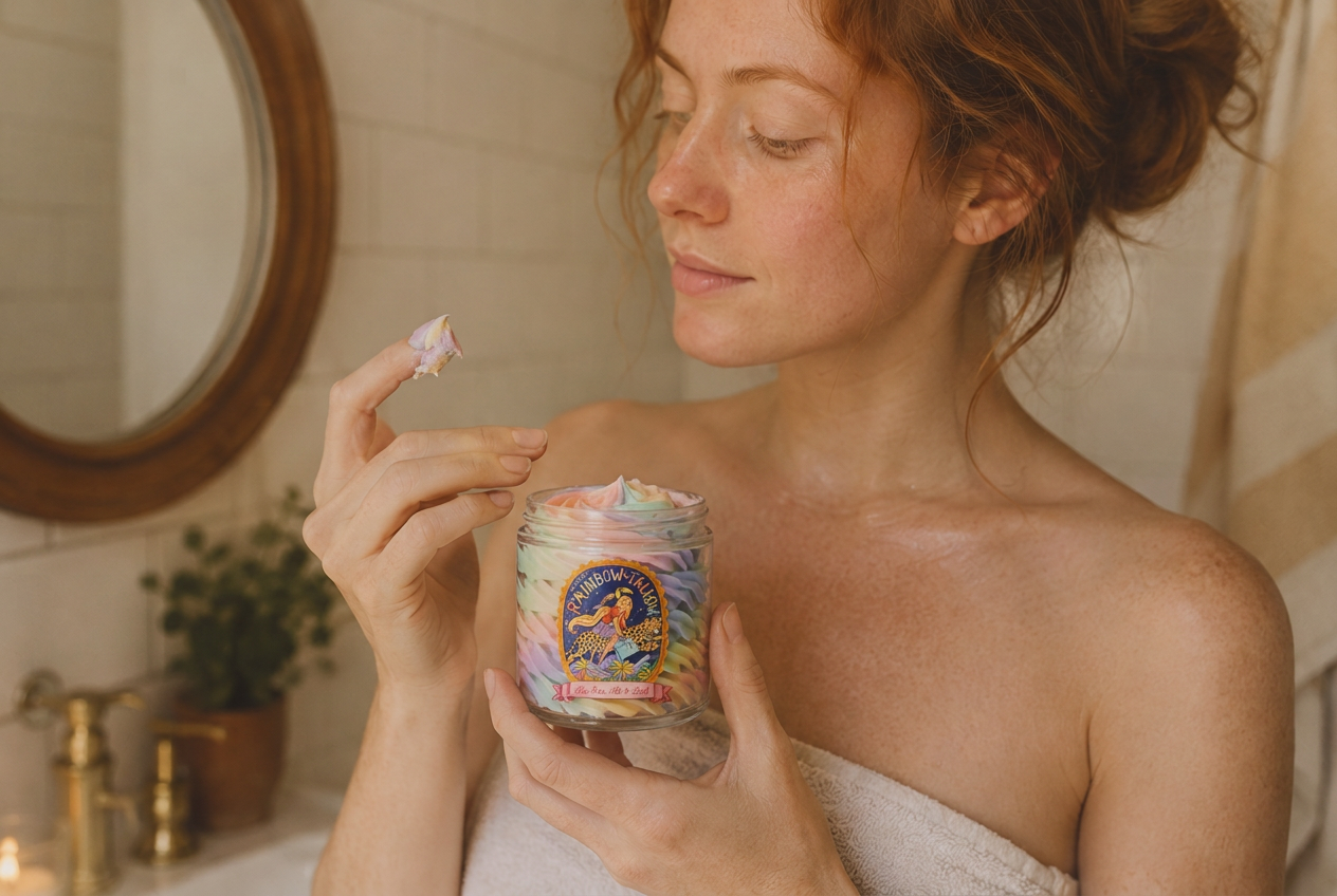 Woman holding an open jar of Rainbow Tallow with a dab on her finger