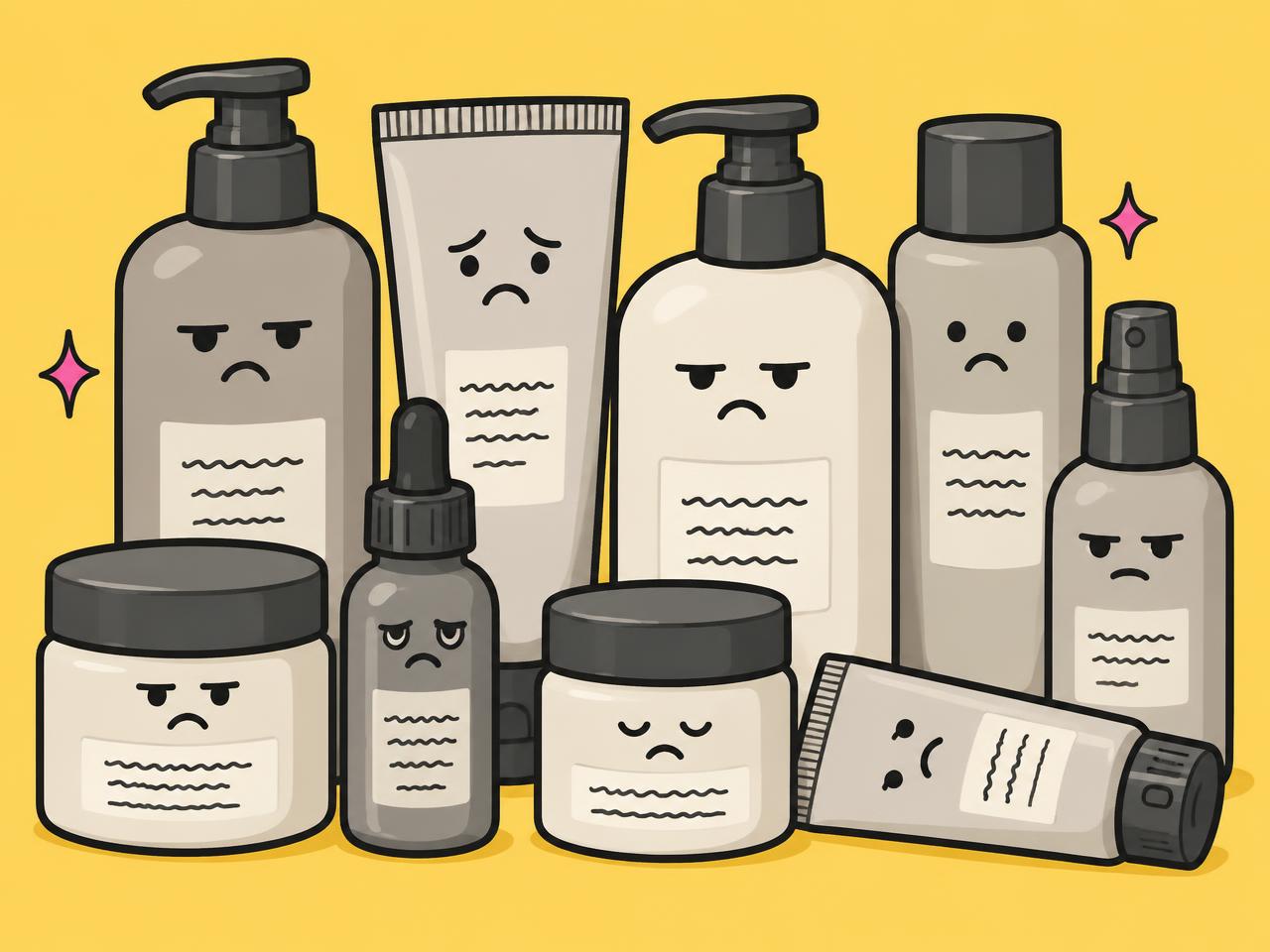 Cartoon of grumpy gray store-bought lotion bottles